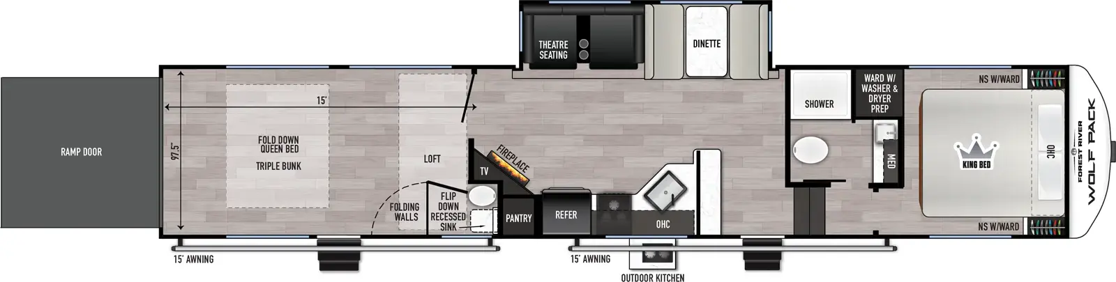 The Wolf Pack 352PACK15 floorplan is a toy hauler that has two entries and one slide out. Exterior features include: fiberglass exterior, 15' & 15' awning and outside kitchen. Interiors features include: loft, front bedroom and bathroom and a half.